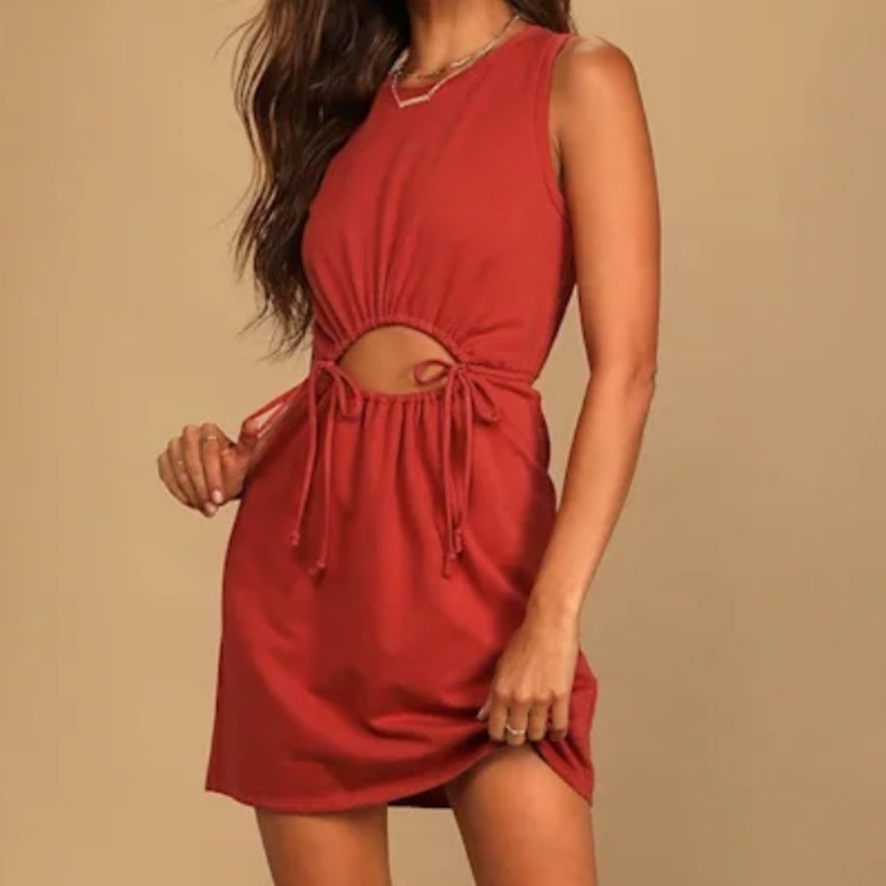 Lulus Trend to Follow Brick Red Drawstring Cutout Mini Dress